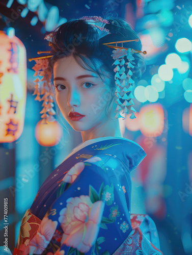 Fotografía de fantasía con un retrato realista de una geisha en kimono azul
