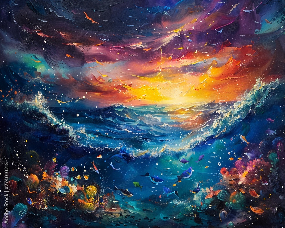 Fantastical painting of an ocean, surrealistic with dreamlike marine fish, imaginary and vibrant underwater scene