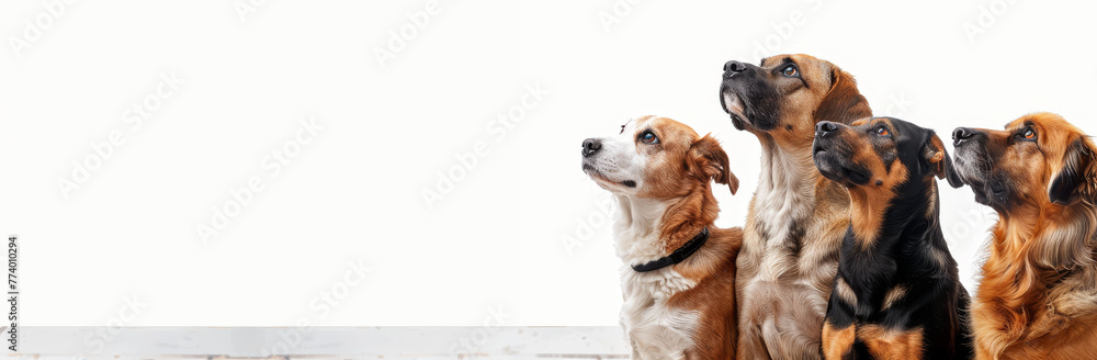 Adorable Quartet of Dogs Gazing Upwards on White Background Adorable Quartet of Dogs Gazing Upwards on White Background