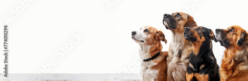 Adorable Quartet of Dogs Gazing Upwards on White Background