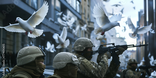 pigeonы of peace over the soldiers. A symbol of peace. Pacifism versus Militarism photo