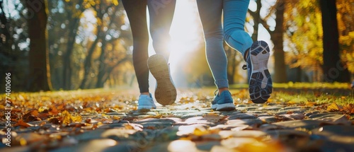 autumn leaves in the forest, running legs closeup sneakers, sport legs  photo