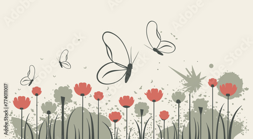 Minimalist vector illustration of butterflies flying over the flowers in a  meadow field background