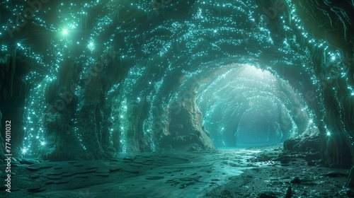 A system of underwater caves with glowing algae that illuminate the depths