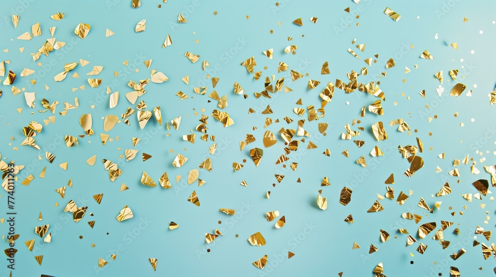 random shape golden foil confetti flat lay on a pastel blue background, shiny random shape golden foil confetti flat lay on a pastel blue background, shiny