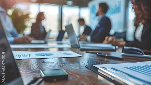 Group of businesspeople working together in office with laptops and coffeea, conference table with businessmen and women ,no faces and blurred background. photo