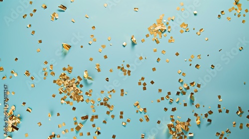 random shape golden foil confetti flat lay on a pastel blue background, shiny © World of AI