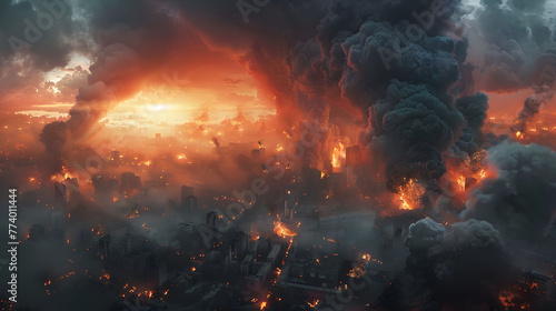 Apocalyptic Urban Inferno with Explosions and City in Flames War Atmosphere