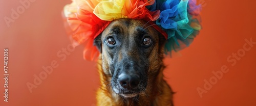 Belgian Malinois dressed up with wig and clown hat for Carnival photo