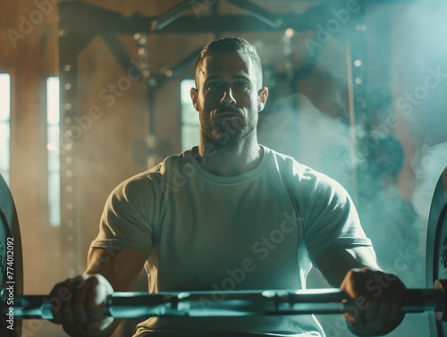 A man lifting weights in a well-equipped gym with determination on his face