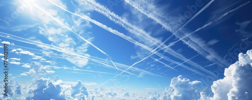 Sky with airplane contrails crossing