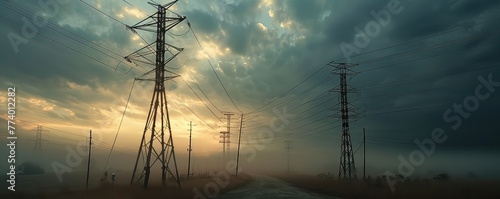Power lines in a dramatic sunset sky
