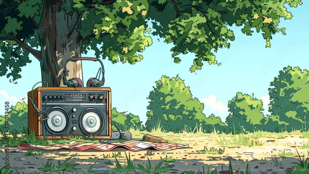 Vintage radio animation under a shady tree, for Lofi background music. seamless looping 4k time-lapse animation video background