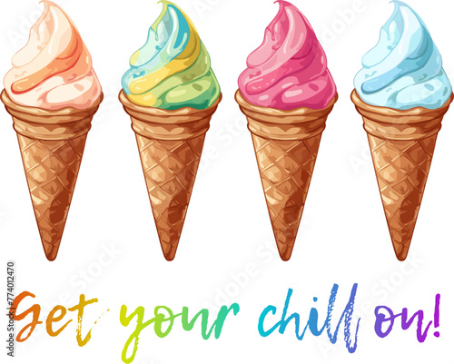 Sweet Cartoon Ice Cream Cones Vector Illustration. Delightful vector illustration of cartoon ice cream cones. Each waffle cone is filled with a different flavor of colorful ice cream