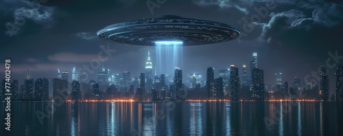 UFOs hovering above a modern city skyline © Juraj