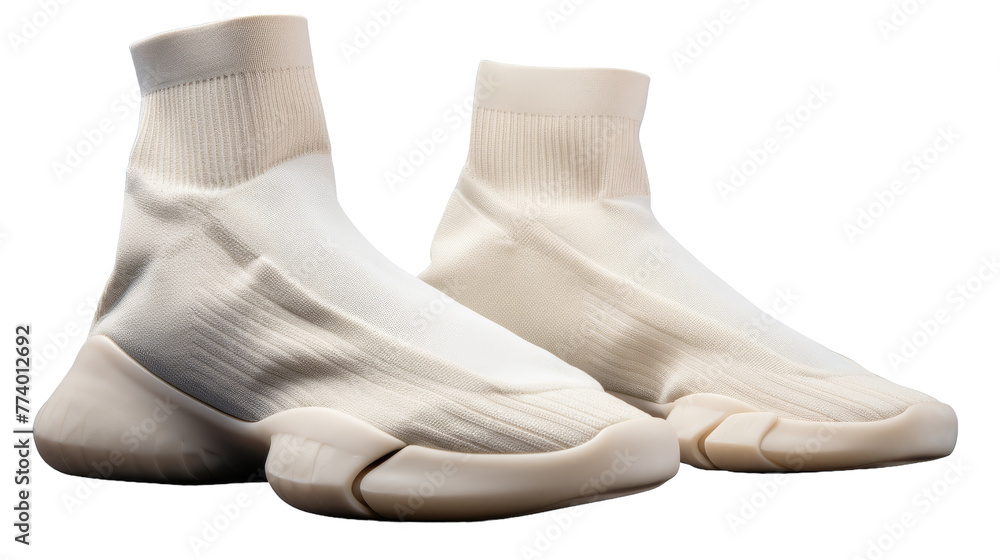 A mesmerizing pair of white socks elegantly resting on a pristine white background A mesmerizing pair of white socks elegantly resting on a pristine white background