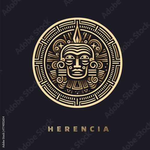 Maya traditional golden mask vector logo. Aztec culture face illustration design isolated on background, symbol of mexican ancient religion icon art
