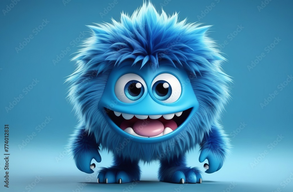 Cute blue furry monster 3D cartoon character