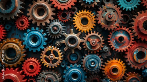 An intricate system of gears and pulleys, each one a different color