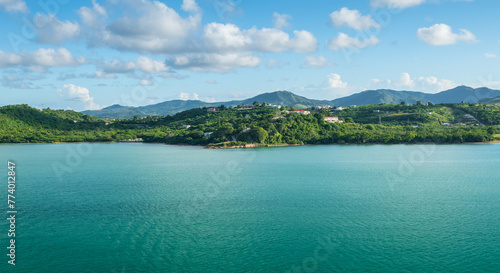 Antigua sea and mountain landscape, Antigua and Barbuda. 
