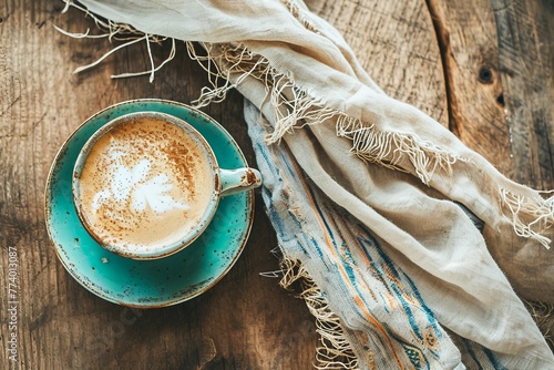 a cup of coffee on a saucer and a scarf