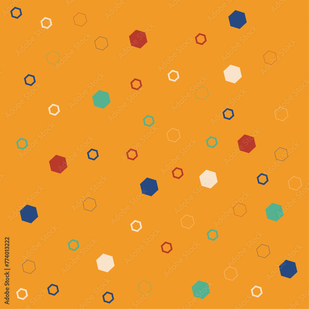 Geometrical pattern with white, blue, red polygons on orange background for wallpapers, patterns, fabrics, packaging, posters, marketing, notebooks Geometrical pattern with white, blue, red polygons on orange background for wallpapers, patterns, fabrics, packaging, posters, marketing, notebooks