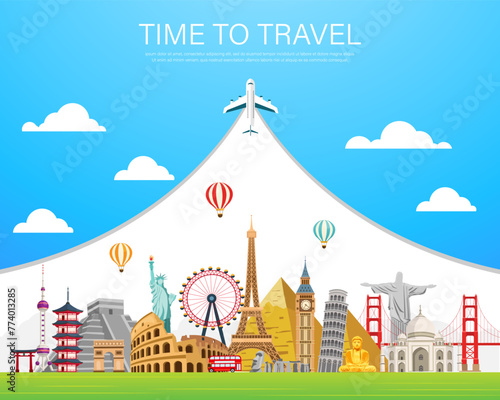 airplane travel and tourism landmark on blue background. travel around the world. road trip. journey in vacation. vector illustration in flat style modern design.