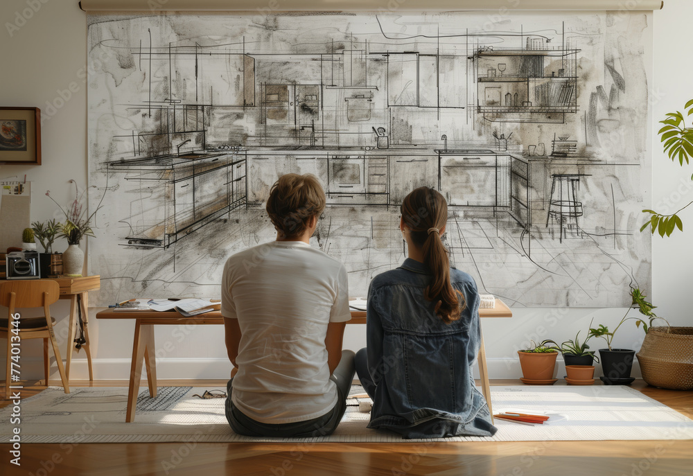 Creative Couple Contemplating a Large Architectural Sketch in Home Studio Creative Couple Contemplating a Large Architectural Sketch in Home Studio