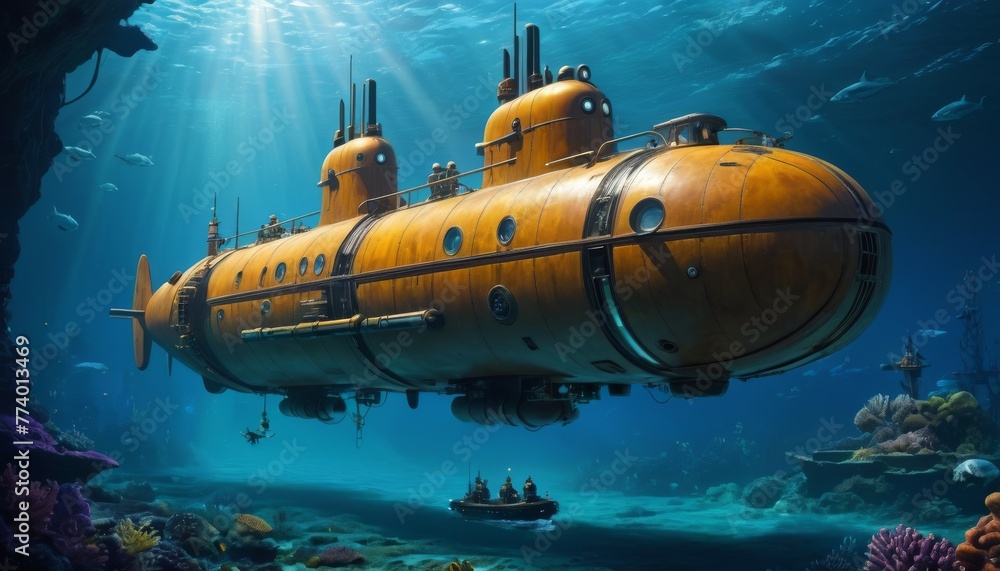 A massive yellow submarine, flanked by smaller subs, explores the vibrant underwater world among coral reefs, illuminating the marine life with beams of light from below.. AI Generation A massive yellow submarine, flanked by smaller subs, explores the vibrant underwater world among coral reefs, illuminating the marine life with beams of light from below.. AI Generation
