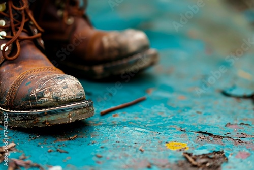a pair of dirty boots on a blue surface photo