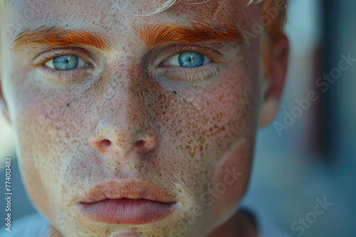 Fotografía de retrato de un hombre pelirrojo albino, ojos grandes azules, mirada expresiva, cara con pecas en la calle