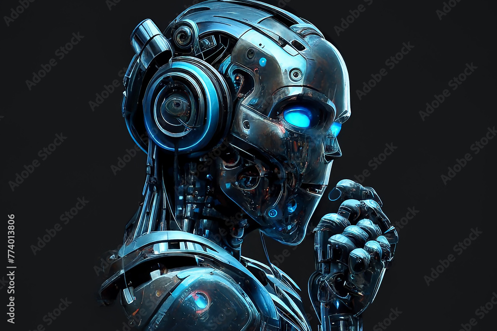 Artificial intelligence, a thinking robot in neon colors on a black background. Artificial intelligence, a thinking robot in neon colors on a black background.