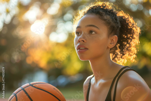 Radiant Young Female Athlete Holding Basketball at Sunset
