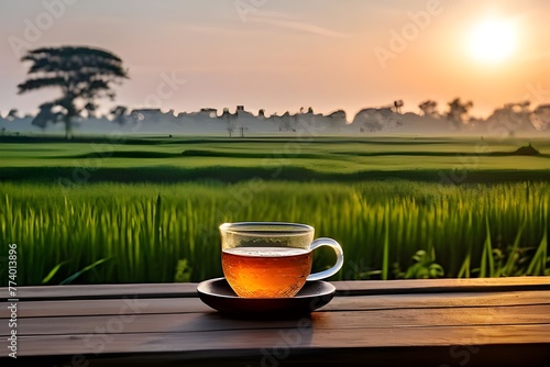 A cup of tea on a wooden table in front of a rice field at sunrise, showcasing a serene morning scene.