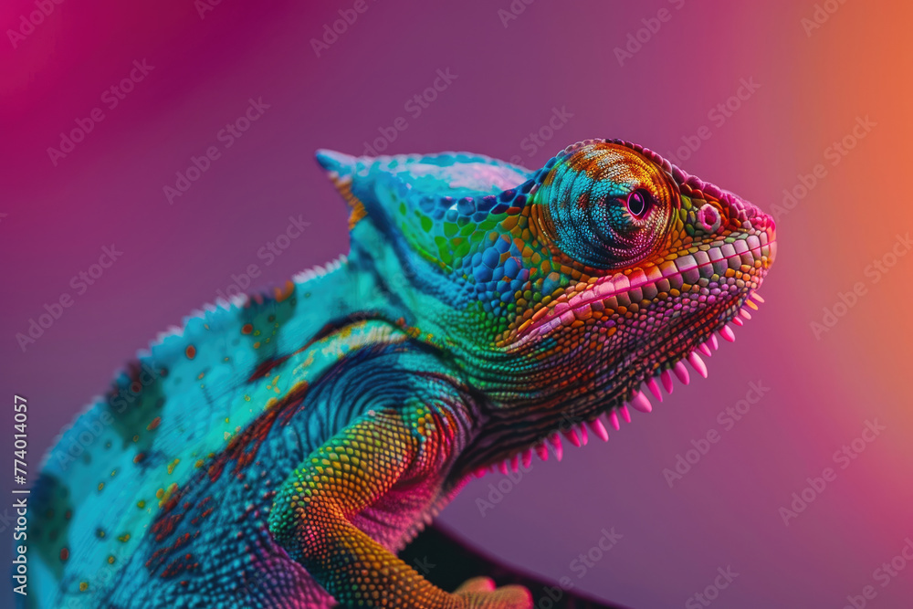 Fotografía de estudio profesional de camaleón con iluminación colorida - obrazy, fototapety, plakaty 