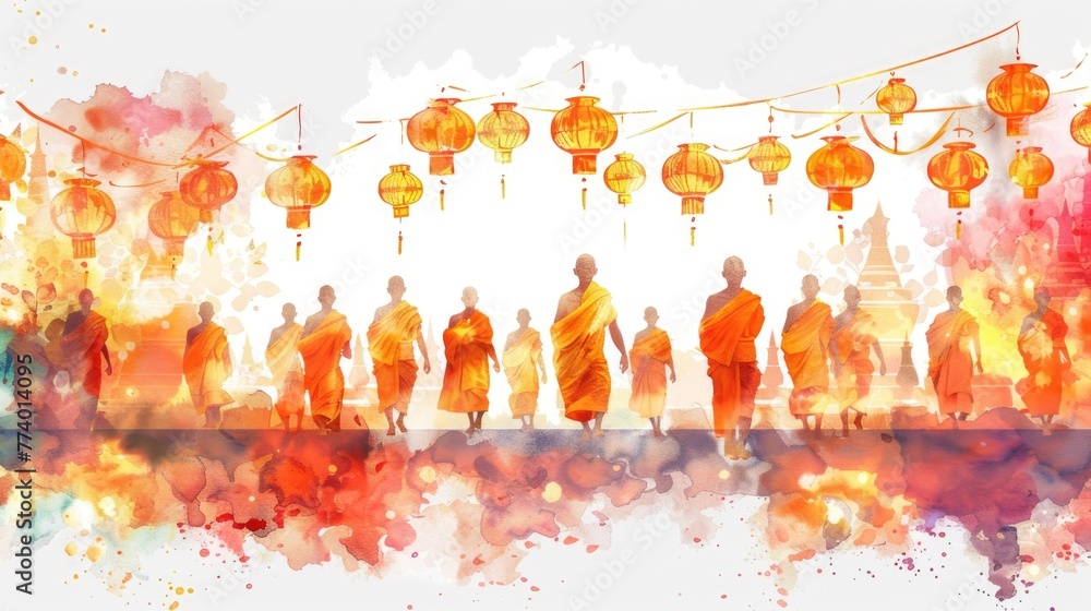 Songkran Festival banner with a watercolor scene of monks in orange robes, embodying peace and blessings with text Songkran Festival - obrazy, fototapety, plakaty 