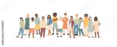 Children of different ethnicities stand side by side together. Flat vector illustration. © Stafeeva