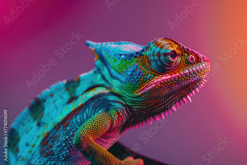 Fotografía de estudio profesional de camaleón con iluminación colorida © Julio
