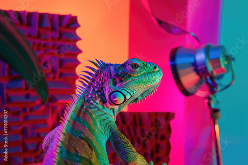 Fotografía de estudio profesional de camaleón con iluminación colorida