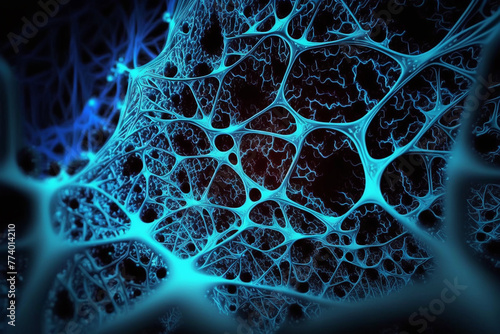 Digital web, abstract neural network, cell structure, fractal geometry, neon blue. Generative AI