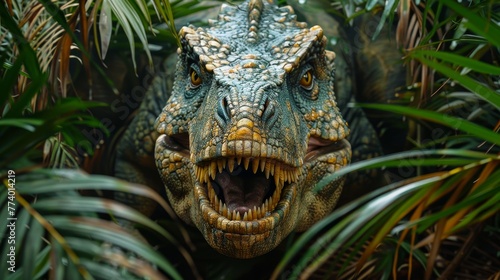Fototapeta Naklejka Na Ścianę i Meble -  A fearsome dinosaur emerging from dense prehistoric foliage