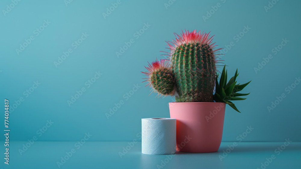 Vibrant Cactus and Speaker on Pastel Blue Background Vibrant Cactus and Speaker on Pastel Blue Background