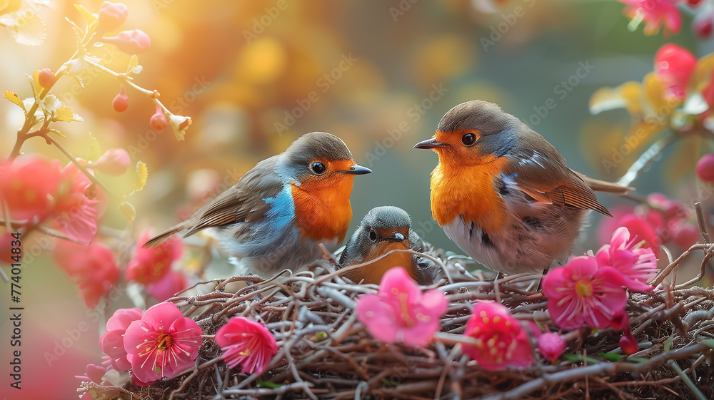 Songbirds in Bloom: Spring concept art features lively birds amidst blossoming flora.