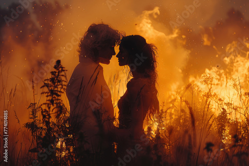 fotografía cinematográfica conceptual de una pareja sobre las relaciones de pareja y la toxicidad y el amor libre, pareja en llamas