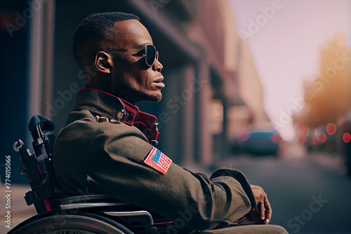 A dark-skinned young man, a military man, disabled in uniform and in a wheelchair on a city street. An American hero.  photo
