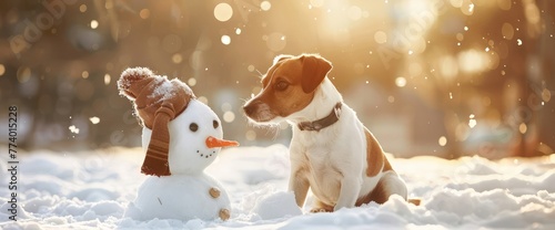 dog in snowy winter makes a snowman. Jack Russell Terrier in a scarf. Pet in nature