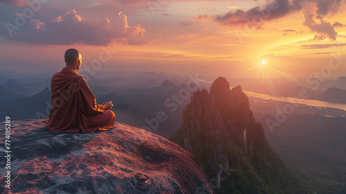 Buddhist monk sits on the edge of a cliff and prays at dawn photo