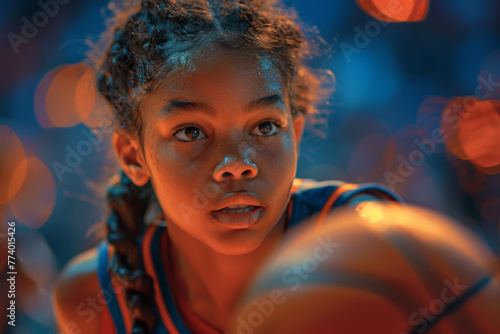 Determined Young Athlete Focused During Basketball Game at Dusk