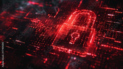 Red glowing padlock icon on abstract dark binary code background