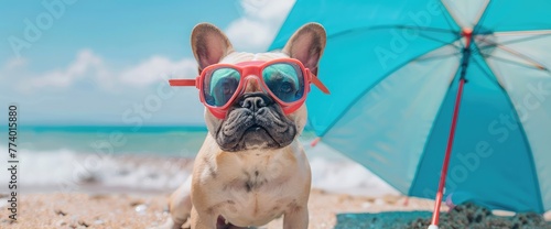 french bulldog dog with mask and fins and umbrella,at the beach, on summer vacation holidays